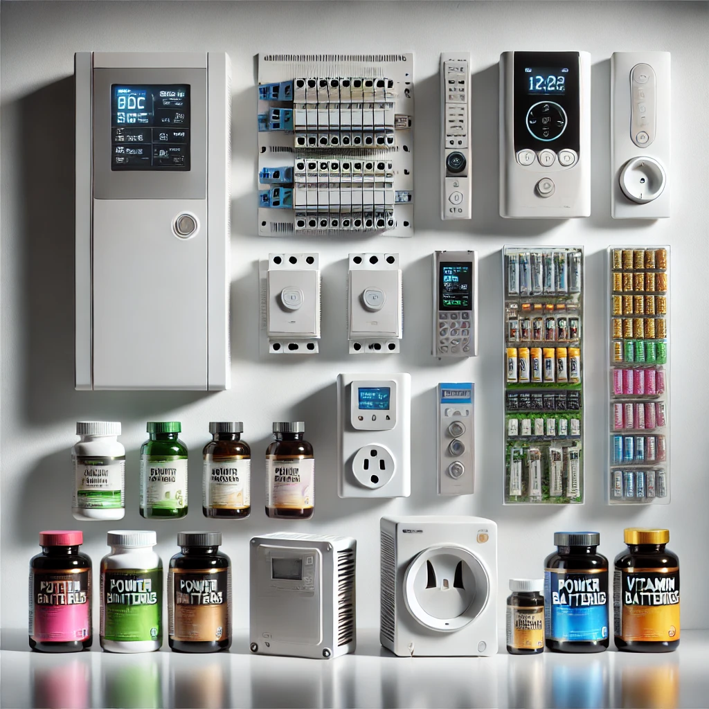 DALL·E 2025-03-04 19.29.52 - A high-quality digital image showcasing electrical and health products, including circuit breakers, power inverters, rechargeable batteries, and vitam